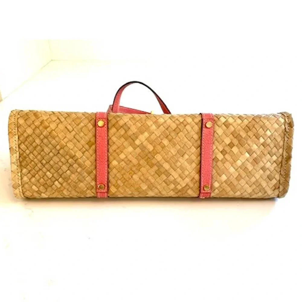 Kate Spade Wine / Picnic Basket shoulder bag Straw Wicker Rattan Pink trim - Picture 4 of 10